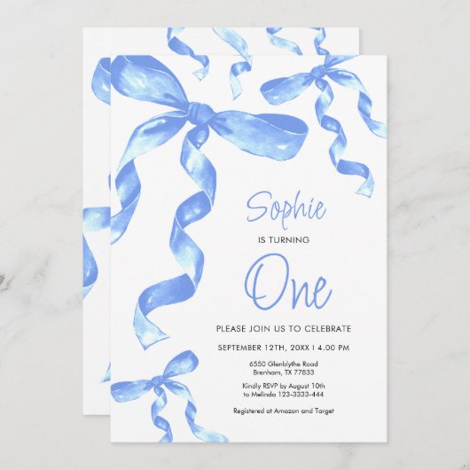 1er anniversaire Bleu Bow Invitation (Devant / Derrière)