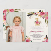 1ER anniversaire boho Feather PREMIÈRE Invitation  (Devant / Derrière)