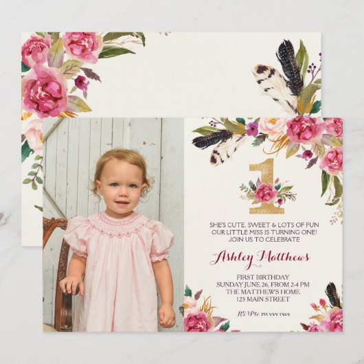 1ER anniversaire boho Feather PREMIÈRE Invitation  (Devant / Derrière)