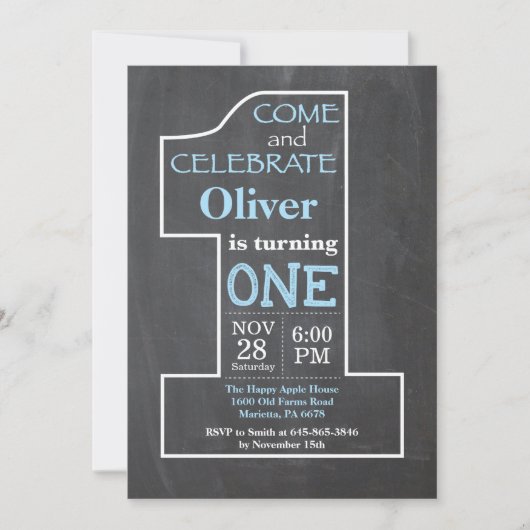 1er anniversaire Boy Blue Chalkboard Invitation (Devant)