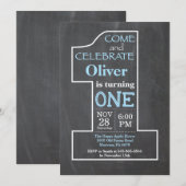 1er anniversaire Boy Blue Chalkboard Invitation (Devant / Derrière)