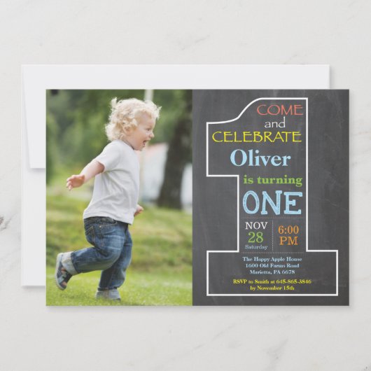 1er anniversaire Boy Chalkboard Photo Invitation (Devant)