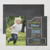 1er anniversaire Boy Chalkboard Photo Invitation (Devant / Derrière)