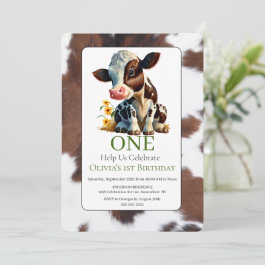 1er Anniversaire Cute Baby Cow Invitation (Debout devant)
