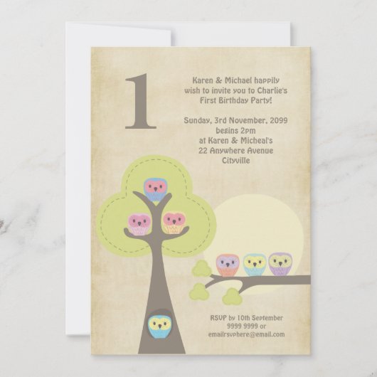 1er anniversaire de la soirée Owls Cute Invitation (Devant)