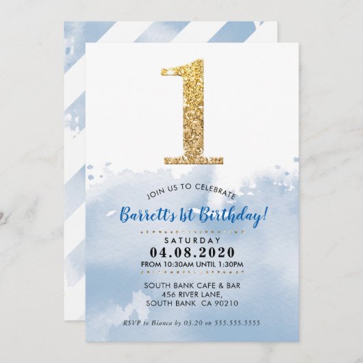 1ER ANNIVERSAIRE FÊTE INVITATION or moderne partie (Devant / Derrière)