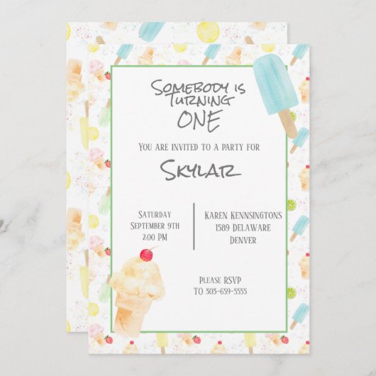 1er anniversaire fêter la crème glacée invitation (Devant / Derrière)