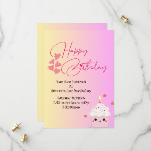 1er anniversaire filles invitation en rose (Devant/Arrière en situation)