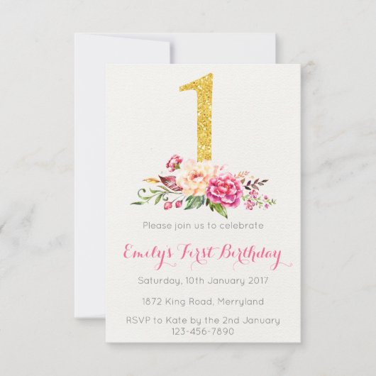 1er Anniversaire First Pink Gold Floral Invitation (Devant)