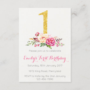 1er Anniversaire First Pink Gold Floral Invitation