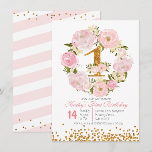 1er anniversaire Floral girl Invitation Card (Devant / Derrière)