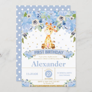 1er anniversaire Invitation Boy Giraffe Blue Flora