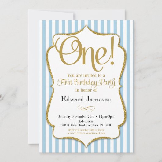 1er Anniversaire Invitation Boys First Blue Gold (Devant)