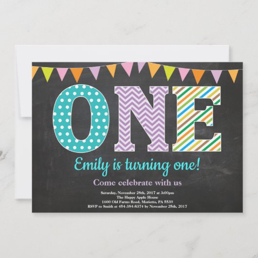 1er Anniversaire Invitation Girl Chalkboard (Devant)