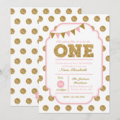 1er anniversaire Invitation - pois roses et or (Devant / Derrière)