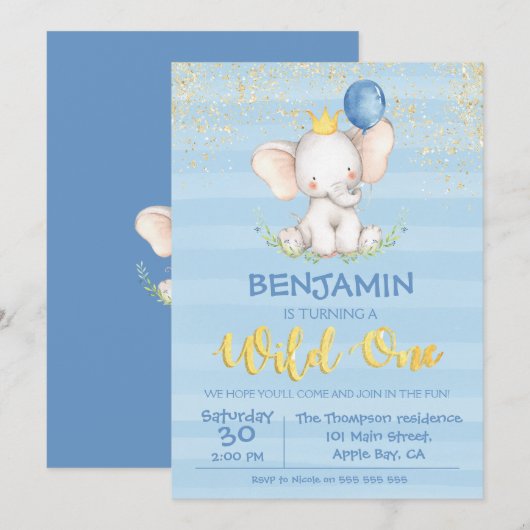 1er anniversaire Invitations | Baby Elephant Boy (Devant / Derrière)