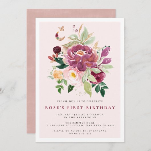 1er anniversaire Invitations | Bouquet safran (Devant / Derrière)