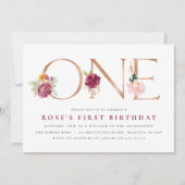 1er anniversaire Invitations | Or Rose floral (Devant)