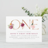 1er anniversaire Invitations | Or Rose floral (Debout devant)