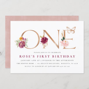 1er anniversaire Invitations Papillon Rose safran