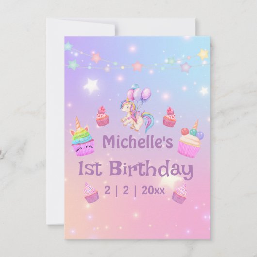 1er anniversaire licornes cupcakes girly carte de (Devant)