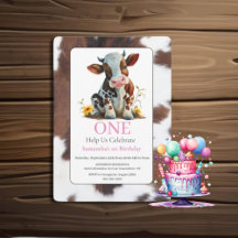 1er anniversaire Pink Baby Cow Invitation