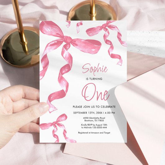 1er anniversaire Pink Bow Invitation