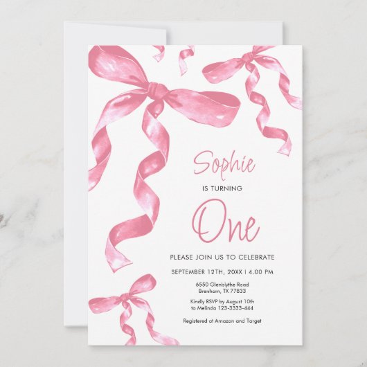 1er anniversaire Pink Bow Invitation (Devant)