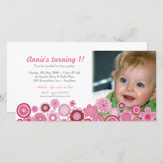 1er anniversaire Pink Party Invitation Carte photo (Devant / Derrière)