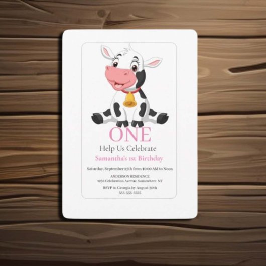 1er anniversaire Pink White Baby Cow Invitation