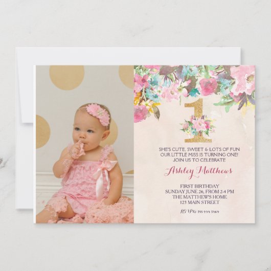 1ER anniversaire PREMIER BELLE Invitation Florale, (Devant)