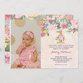 1ER anniversaire PREMIER BELLE Invitation Florale, (Devant / Derrière)