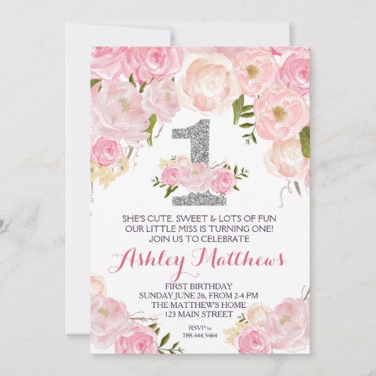 1ER anniversaire PREMIER BELLE Invitation Florale, (Devant)