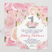 1ER anniversaire PREMIER BELLE Invitation Florale, (Devant / Derrière)