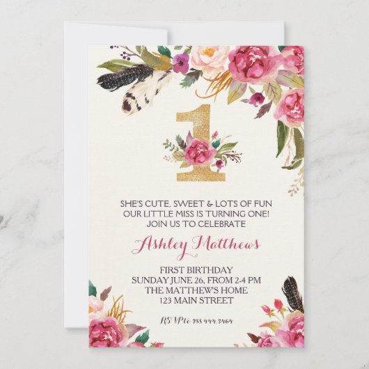 1ER anniversaire PREMIER BELLE Invitation Florale, (Devant)