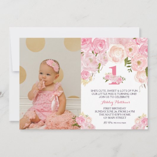 1ER anniversaire PREMIER BELLE Invitation Florale, (Devant)