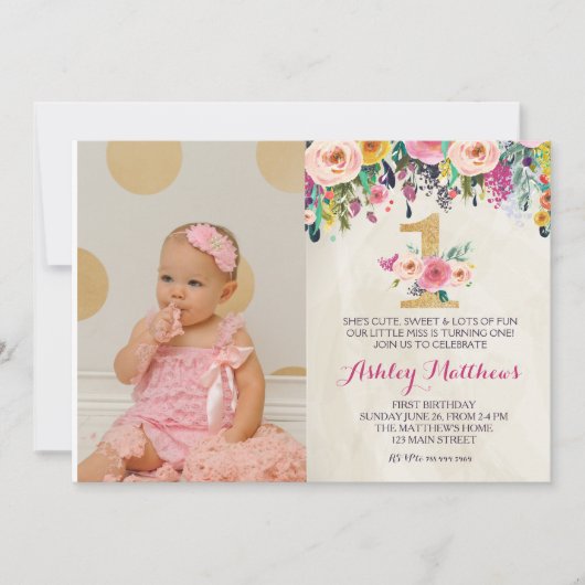 1ER anniversaire PREMIÈRE BELLE Invitation Florale (Devant)