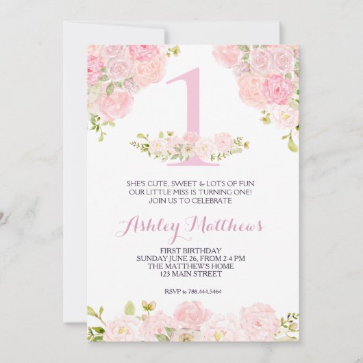 1ER anniversaire PREMIÈRE BELLE Invitation Florale (Devant)
