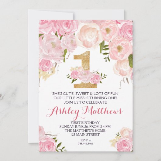 1ER anniversaire PREMIÈRE BELLE Invitation Florale (Devant)