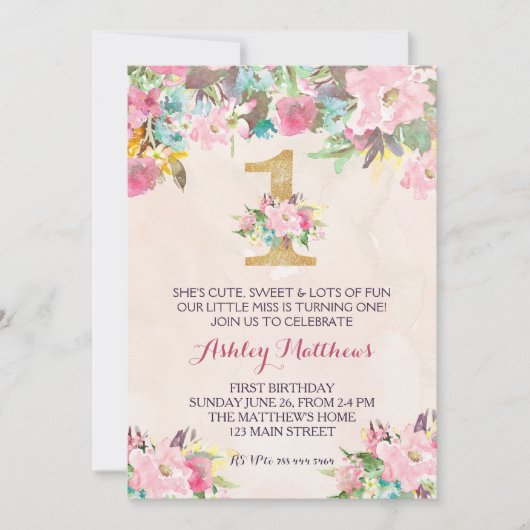 1ER anniversaire PREMIÈRE BELLE Invitation Florale (Devant)