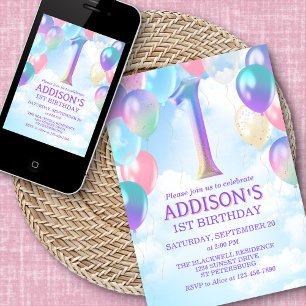 1er anniversaire Rainbow Balloons Invitation