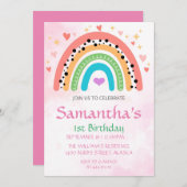 1er anniversaire Rainbow Hearts Girly Invitation (Devant / Derrière)