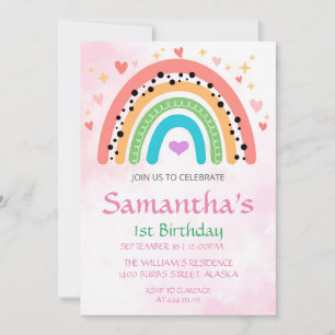 1er anniversaire Rainbow Hearts Girly Invitation