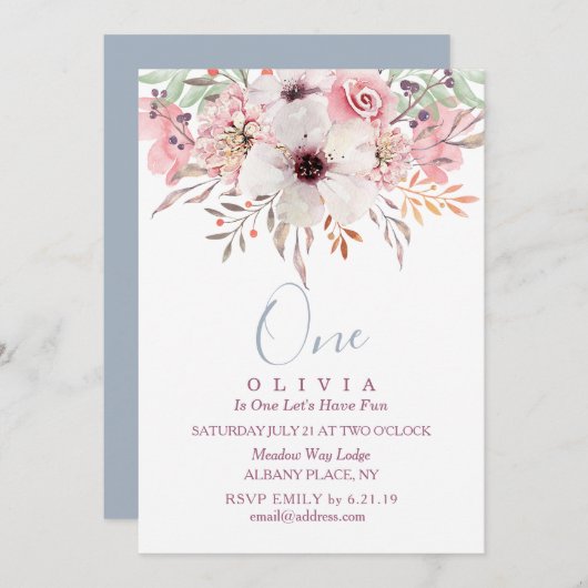 1er Anniversaire Rose Aquarelle Florale Invitation (Devant / Derrière)