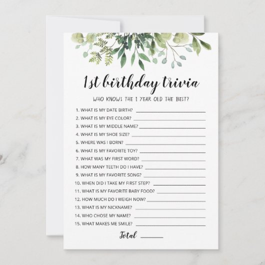 1er anniversaire Trivia éditable jeu Carte (Devant)