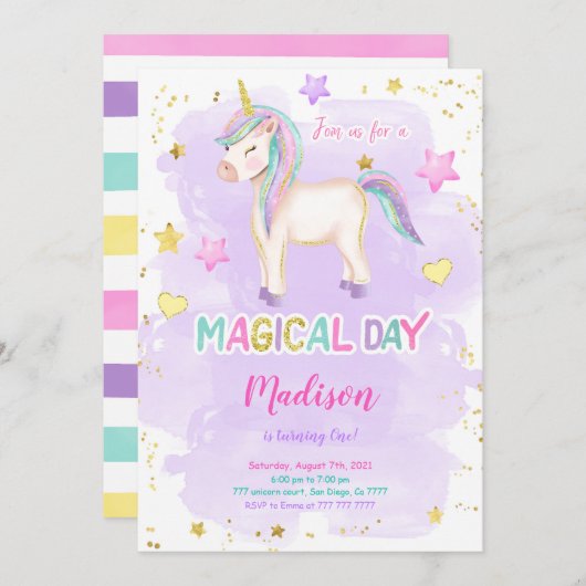 1er anniversaire Unicorn Invitation (Devant / Derrière)