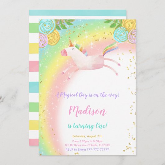 1er anniversaire Unicorn Invitation (Devant / Derrière)