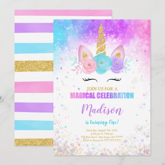1er anniversaire Unicorn Party Invitation (Devant / Derrière)