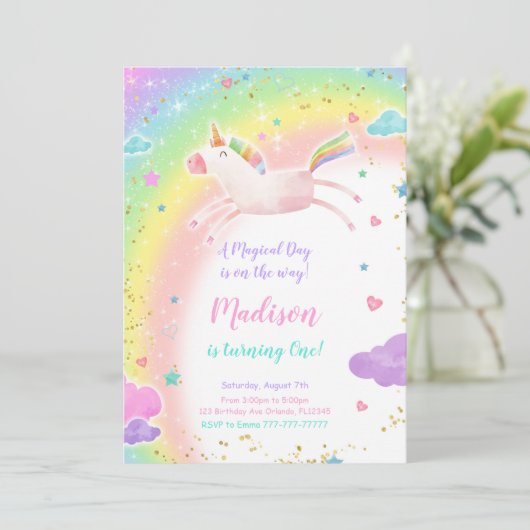 1er anniversaire Unicorn Party Invitation (Debout devant)
