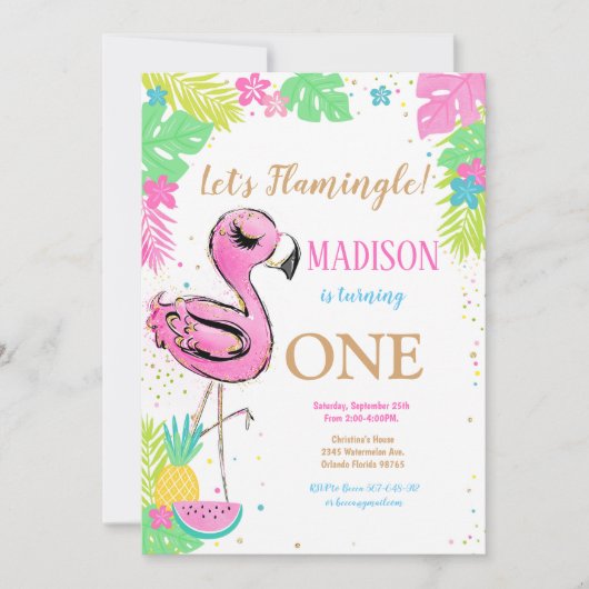 1er Flamant rose Anniversaire Invitation (Devant)